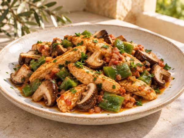 Pollo salteado con shiitake y pimientos, plato terminado