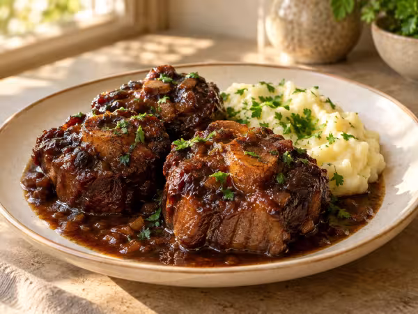 Rabo de ternera a la cerveza negra con pur&eacute;, plato terminado