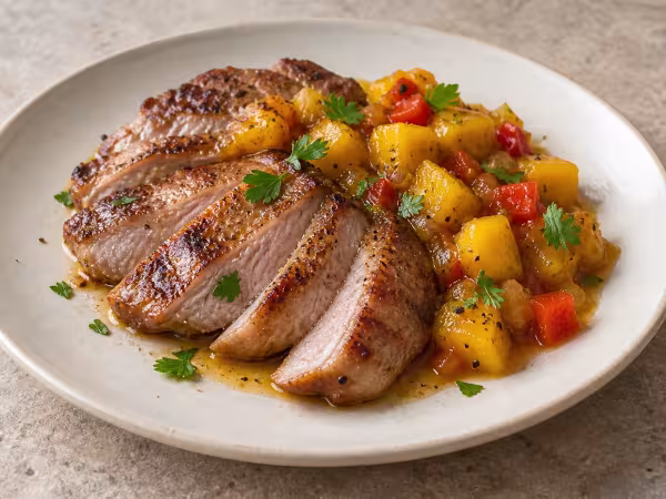 Secreto de cerdo con chutney de mango, plato terminado