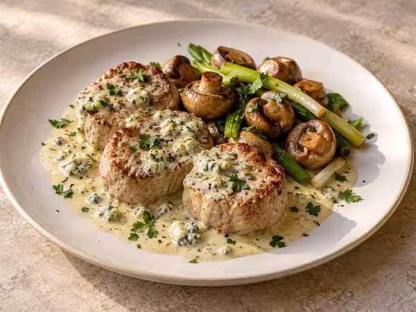 Pork tenderloin with blue cheese sauce and mushrooms, finished dish