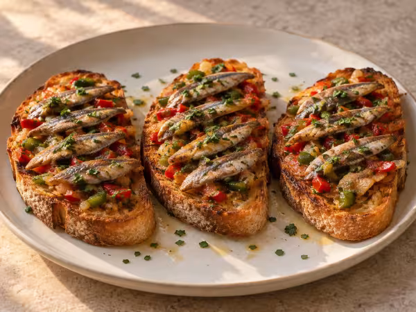 Tostas de boquerones cocinados con fritada, plato terminado