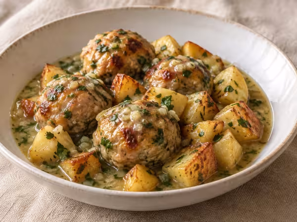 Alb&oacute;ndigas de bonito en salsa verde con patatas, plato terminado