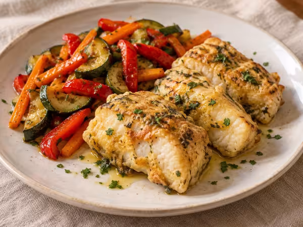 Bacalao al estrag&oacute;n rebozado con verduras, plato terminado