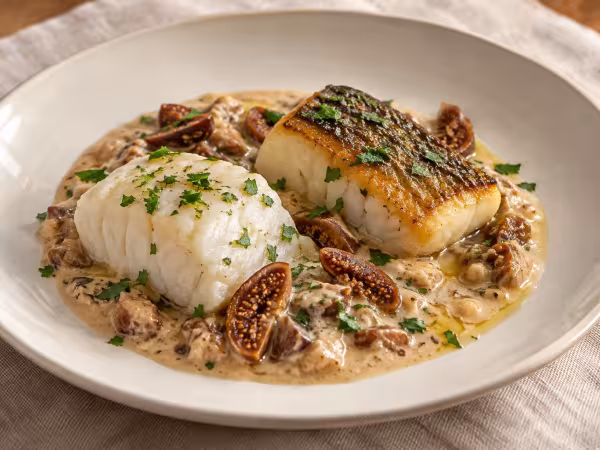 Salt cod with dried fig and honey cream, finished dish