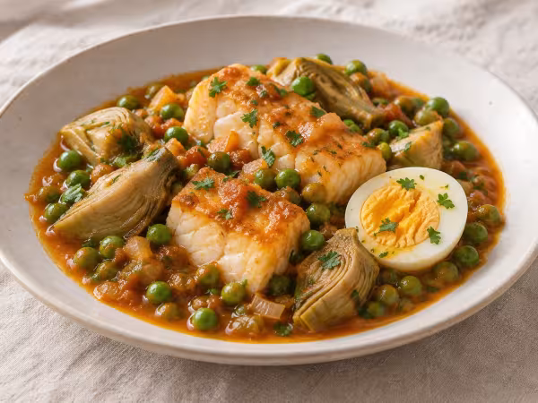 Salt cod with peas, artichokes and egg, finished dish