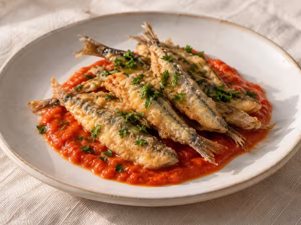 Boquerones rebozados con salsa de piquillos, plato terminado