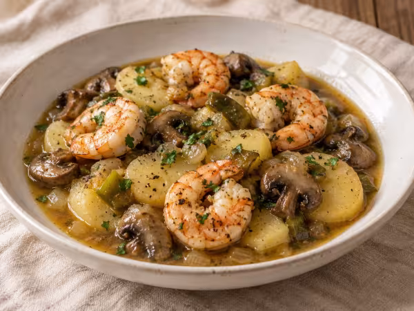 Cazuela de langostinos con patatas y champi&ntilde;ones, plato terminado
