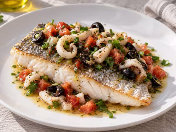 Dorada al horno con vinagreta templada de calamar, plato terminado
