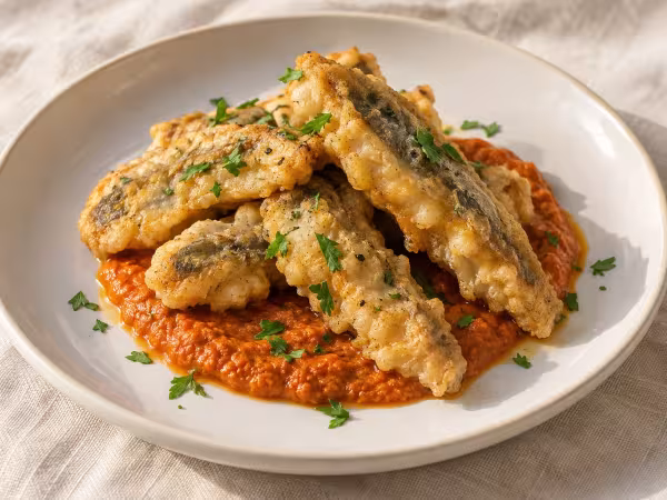 Jurel rebozado con salsa romesco, plato terminado