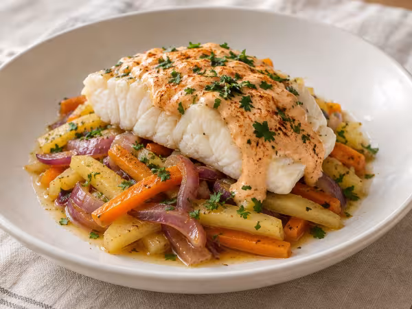 Young hake with vegetables and paprika mayonnaise, finished dish
