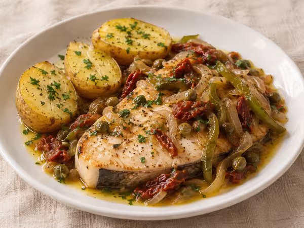 Swordfish in escabeche with potatoes, finished dish