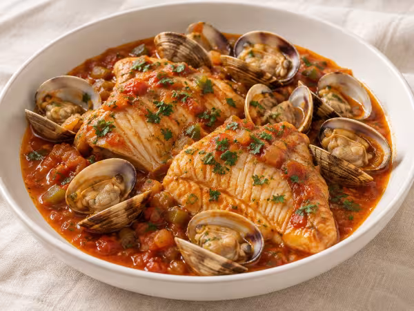 Skate with clams in spicy tomato sauce, finished dish