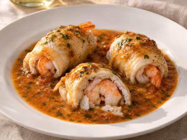 Megrim and king prawn rolls with seafood sauce, finished dish
