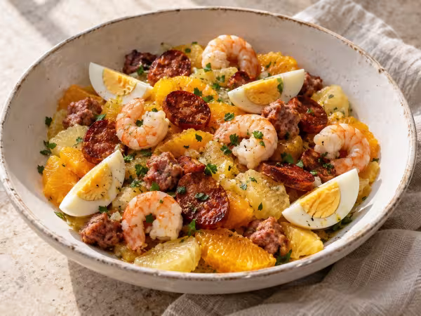 Ensalada de c&iacute;tricos con embutidos y gambas, plato terminado