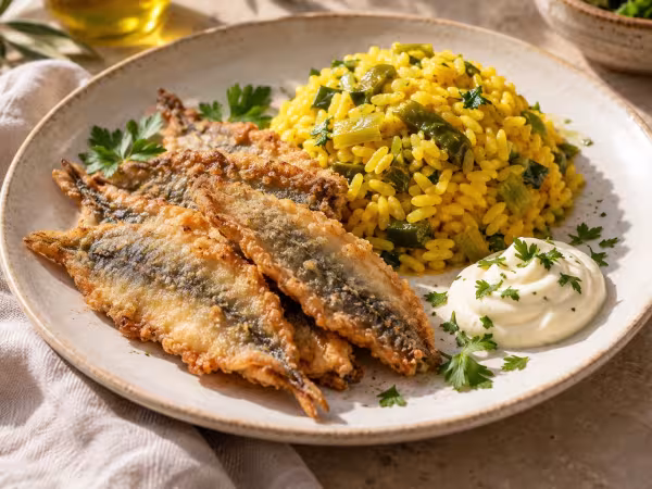 Jurel con arroz y mayonesa de ajo, plato terminado
