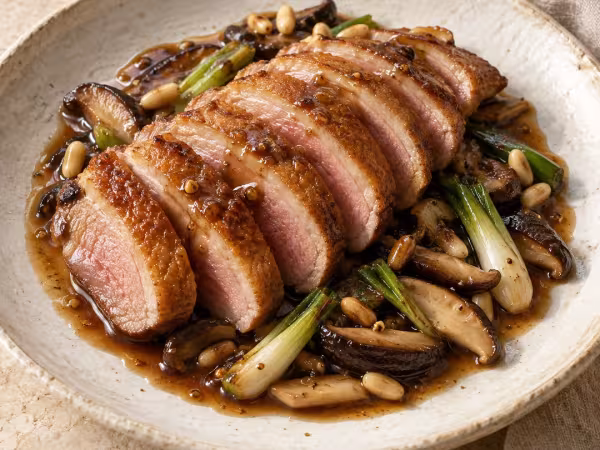 Magret de pato con salsa de katsuobushi y jengibre, plato terminado