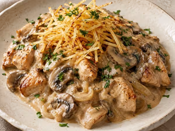 Chicken thighs in Stroganoff sauce, finished dish