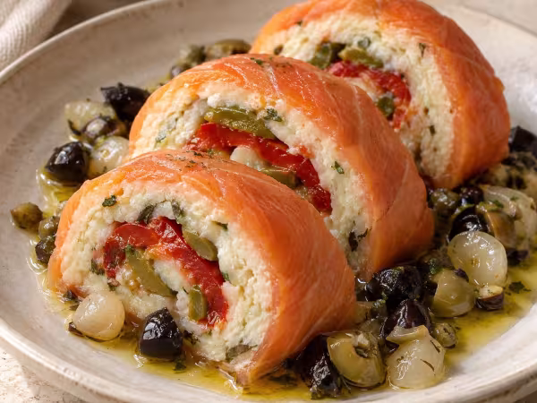 Rulo de salmón ahumado relleno de brandada y piperrada, plato terminado