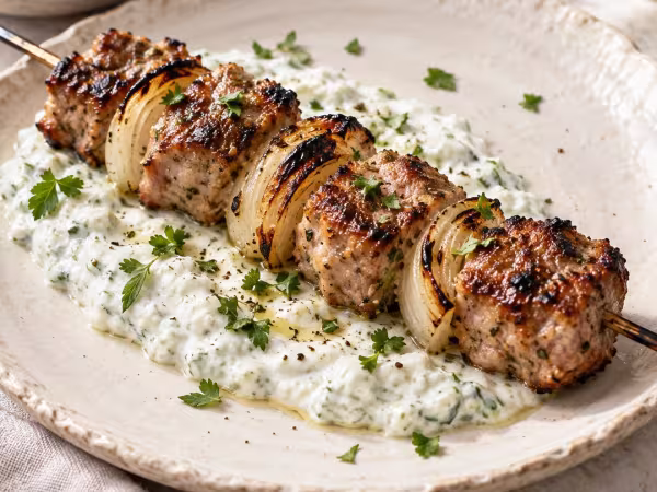 Greek pork souvlaki with tzatziki, finished dish