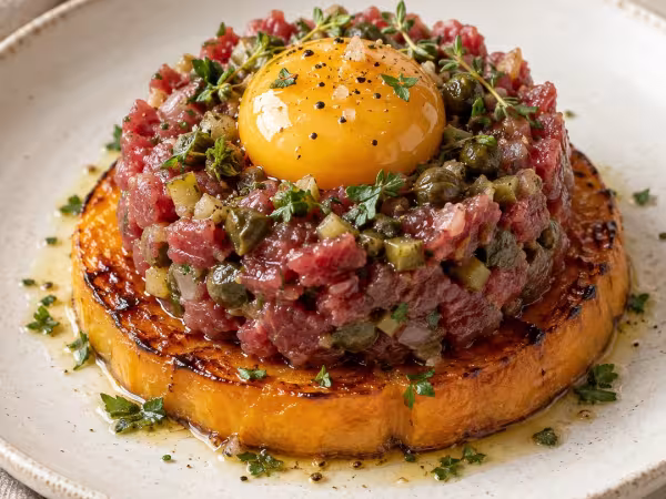 Steak tartar con calabaza caramelizada, plato terminado