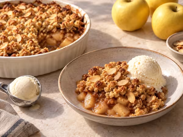 Crumble de manzana con almendra, presentaci&oacute;n final