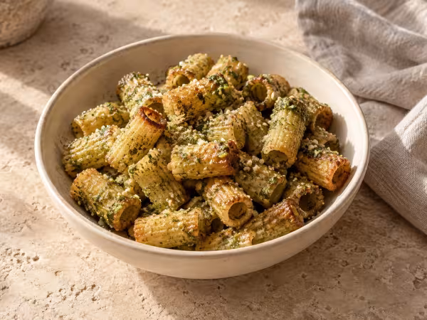 Bocados crujientes de pasta al pesto en freidora de aire, presentación casera del plato terminado