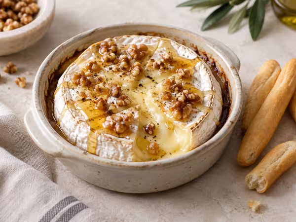 Brie fundido con miel y nueces en freidora de aire, presentación casera del plato terminado
