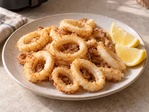 Calamares a la andaluza en freidora de aire, presentación casera del plato terminado