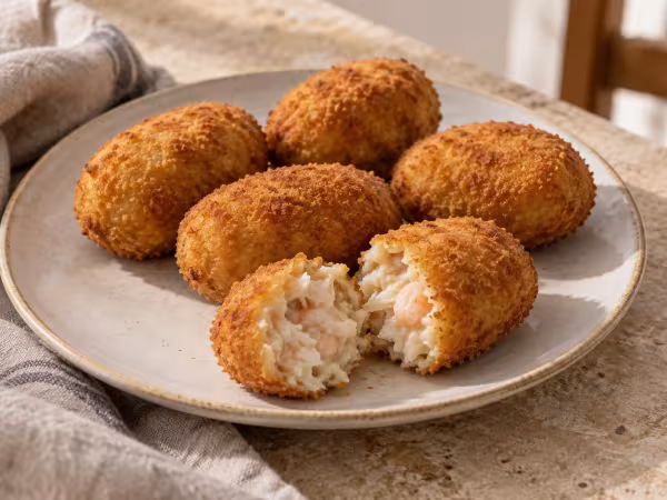 Air-fryer hake and prawn croquettes, home-style presentation of the finished dish