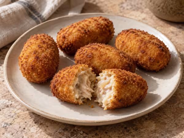 Croquetas de pollo asado y cebolla en freidora de aire, presentaci&oacute;n casera del plato terminado