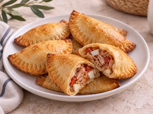 Empanadillas de at&uacute;n y huevo en freidora de aire, presentaci&oacute;n casera del plato terminado