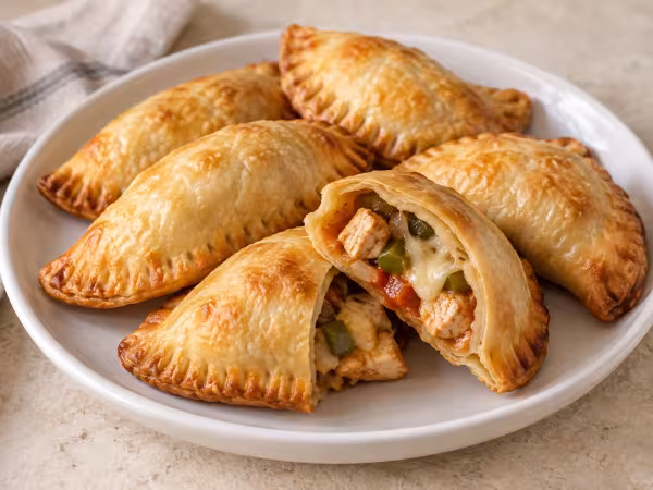 Empanadillas de pollo y emmental en freidora de aire, presentaci&oacute;n casera del plato terminado
