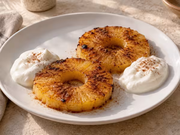 Piña asada con canela en freidora de aire, presentación casera del plato terminado