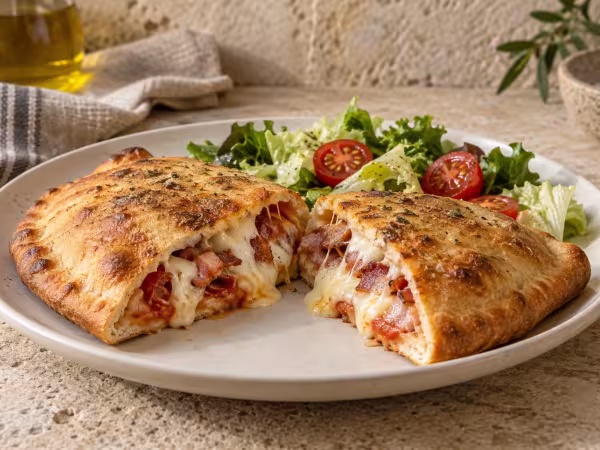 Pizza cerrada de mozzarella y bacon en freidora de aire, presentaci&oacute;n casera del plato terminado