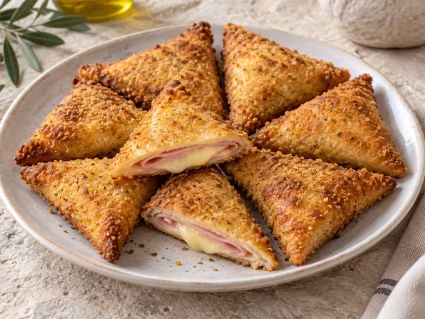 Air-fryer crispy ham and cheese tortilla triangles, home-style presentation of the finished dish