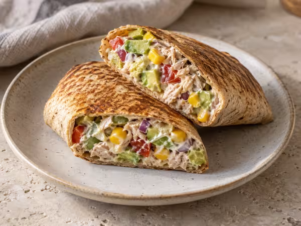Air-fryer avocado and tuna wrap, home-style presentation of the finished dish