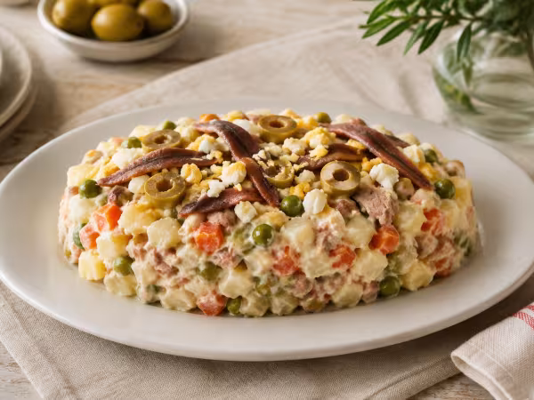 Spanish potato salad with tuna and anchovies served with a natural homemade finish