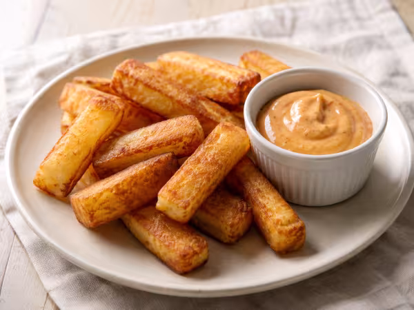 Air-fryer potato sticks with spicy dip with a natural home-style presentation