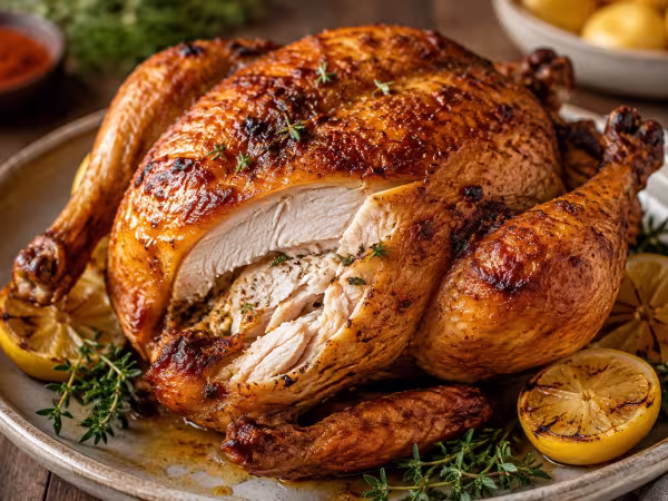 Whole roast chicken in the air fryer with a natural home-style presentation