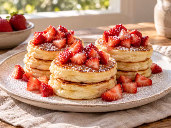 Tortitas de yogur con fresas servido y listo para comer