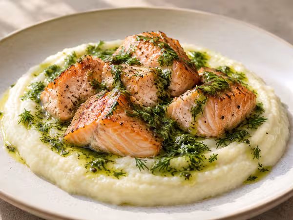 Salmón con crema de coliflor y vinagreta de eneldo · plato terminado