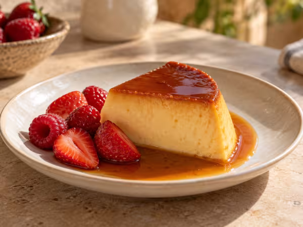 Flan de leche condensada con frutos rojos · plato terminado