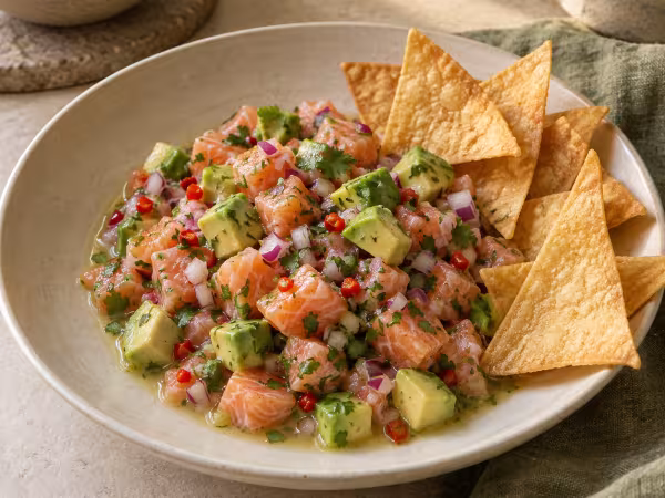 Ceviche de salmón y aguacate con triángulos de maíz servido