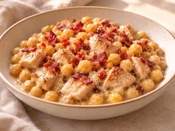 Creamy chickpeas with chicken pieces and crispy bacon in an ivory bowl