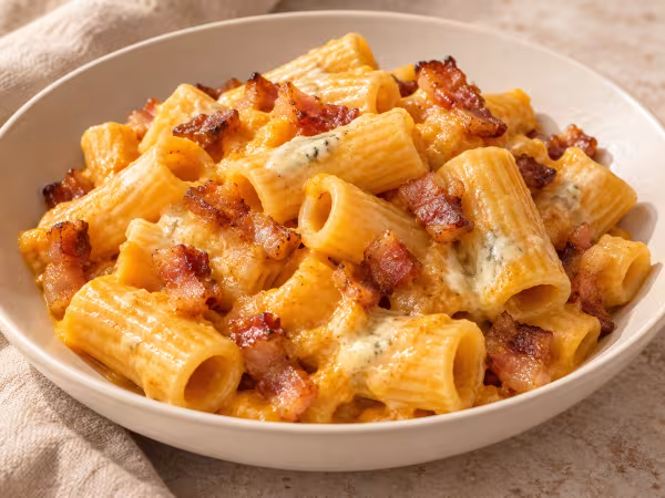 Rigatoni with roasted pumpkin and Gorgonzola sauce and golden guanciale strips