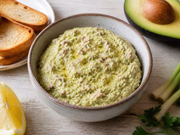 Pat&eacute; cremoso de aguacate y at&uacute;n en un cuenco con tostadas, lim&oacute;n y cebolleta