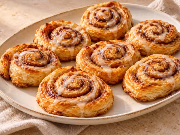 Golden puff pastry cinnamon pinwheels drizzled with white icing