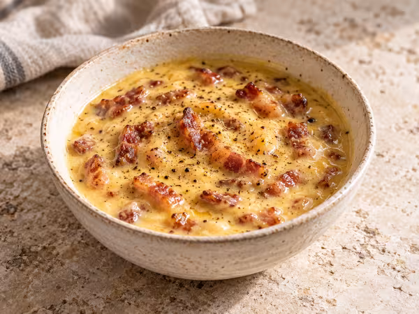 Salsa carbonara sin nata con bacon en un cuenco de cer&aacute;mica