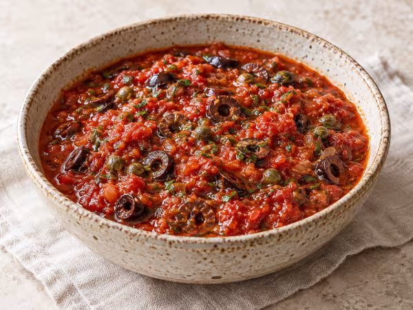 Salsa puttanesca en un cuenco de cerámica