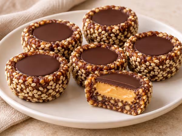 Mini date and walnut cups coated in sesame, with peanut butter filling and chocolate tops